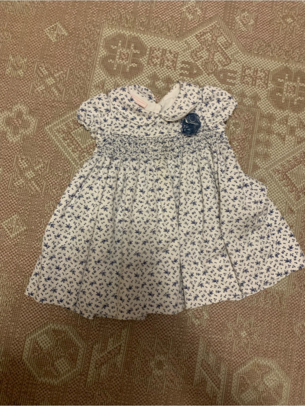 First Impressions White Dress with Blue Floral Print and Smocking